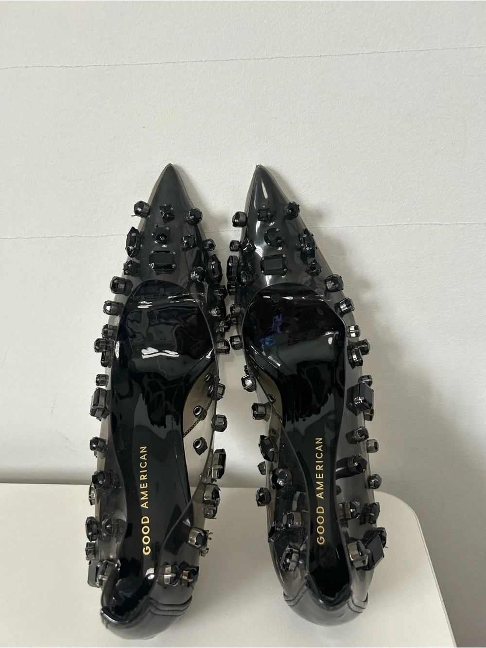 Good American Black Diamond Forever Stiletto Jeweled Emma Heels Size 9.5 chic